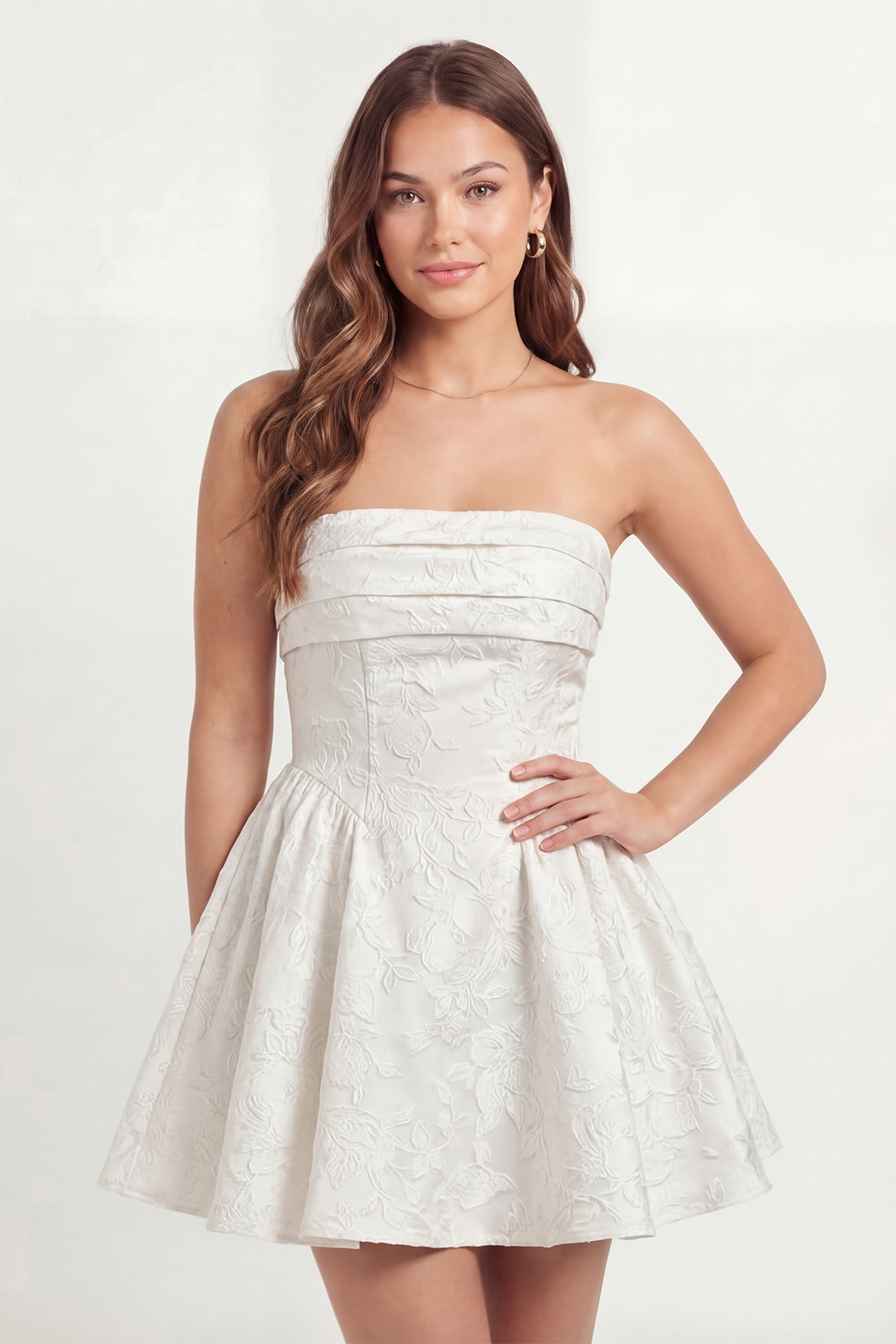 White Floral Jacquare A Line Corset Short Bridal Shower Dress