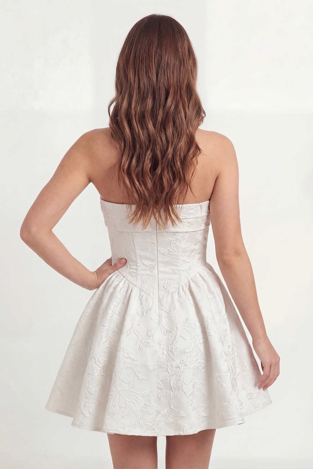 White Floral Jacquare A Line Corset Short Bridal Shower Dress