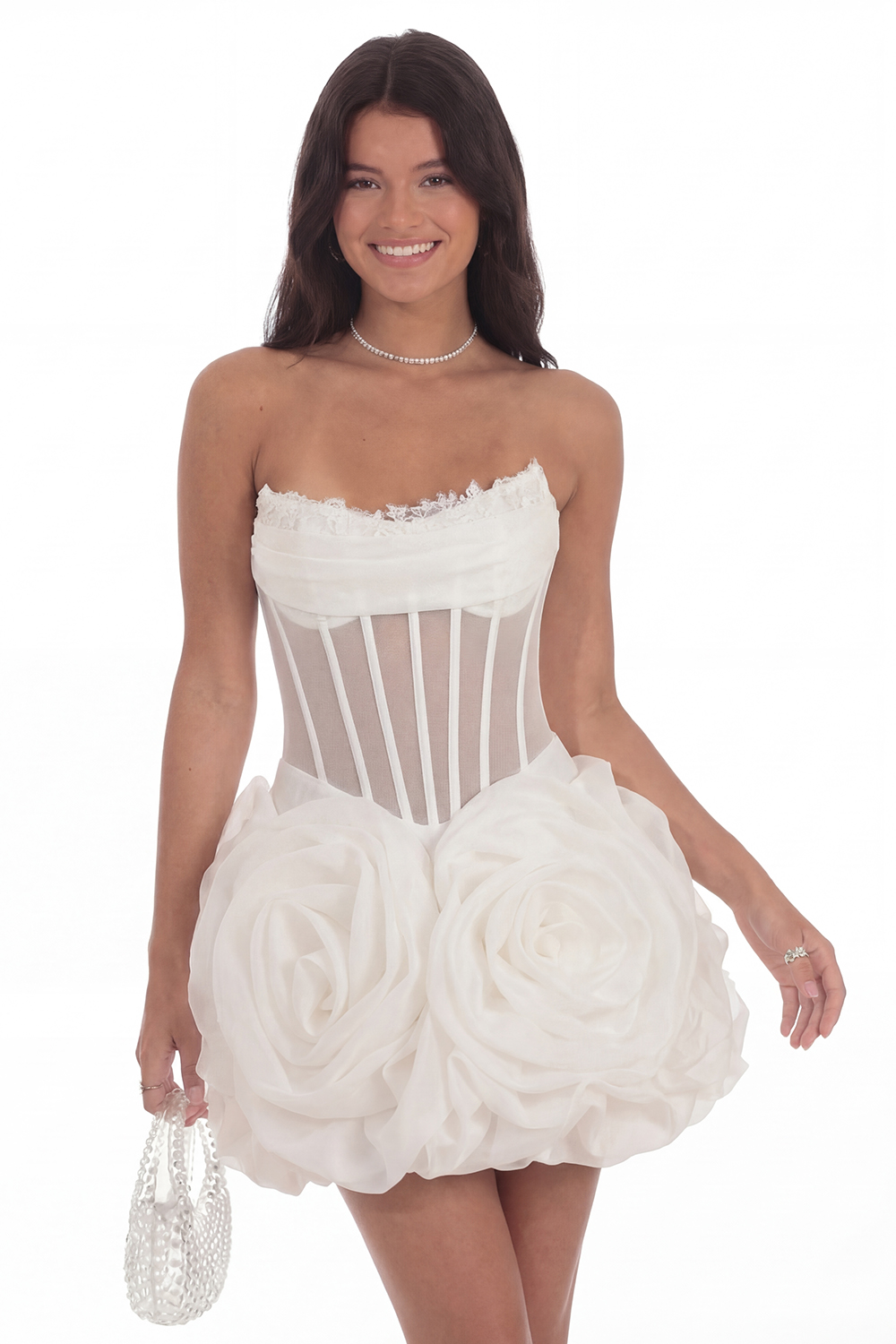 White A Line Strapless Corset Short Bridal Shower Dress with 3D Flower