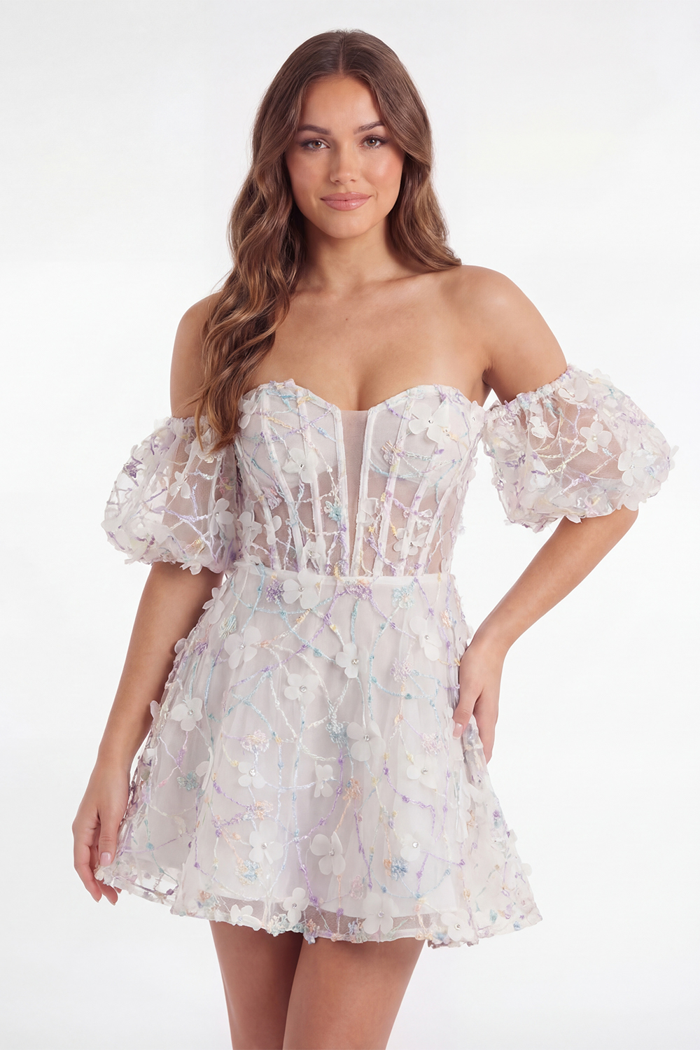 White Floral Off the Shoulder Corset Short Bridal Shower Dress with Appliques