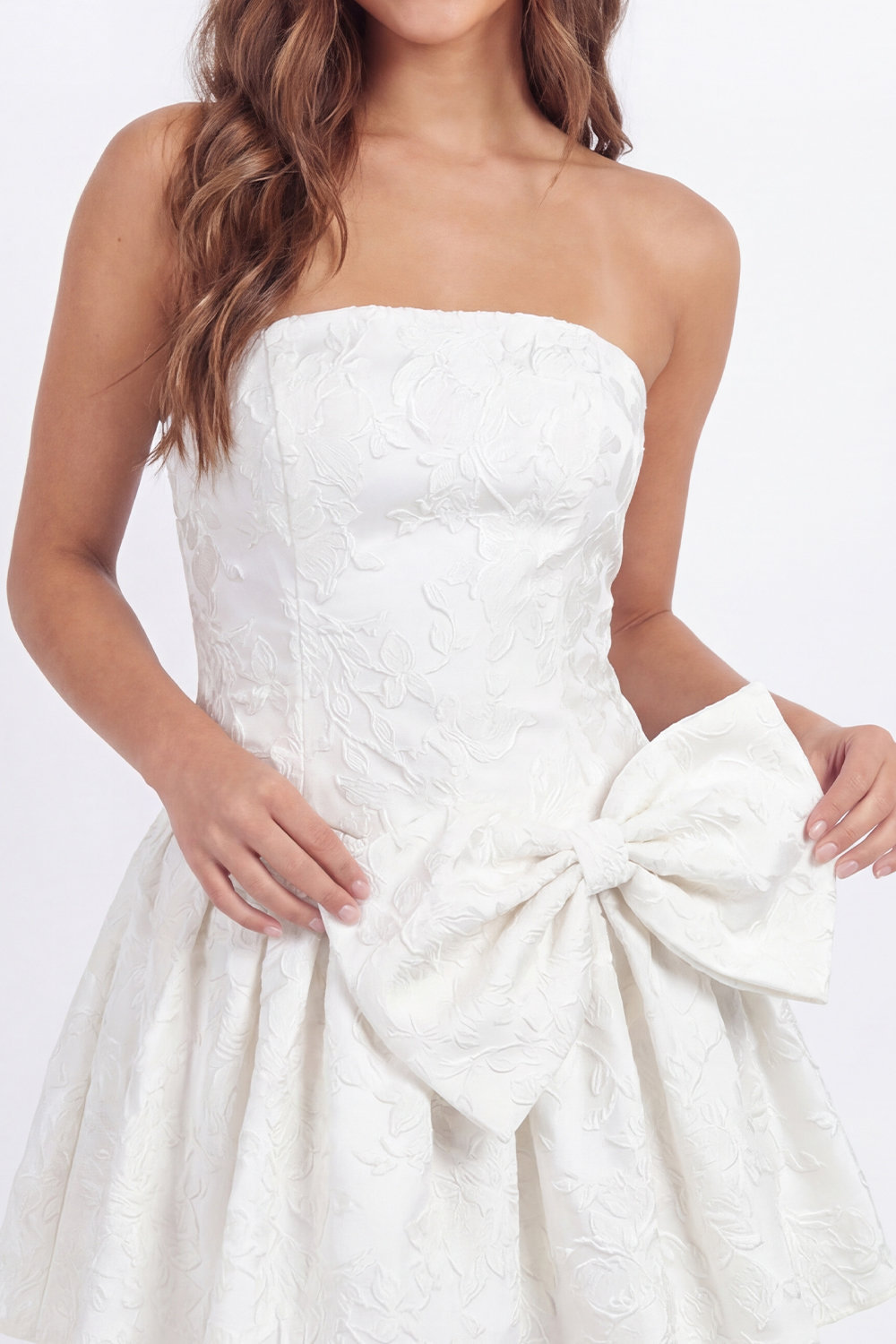 White Floral Jacquare A Line Short Corset Bachelorette Dress with Bow