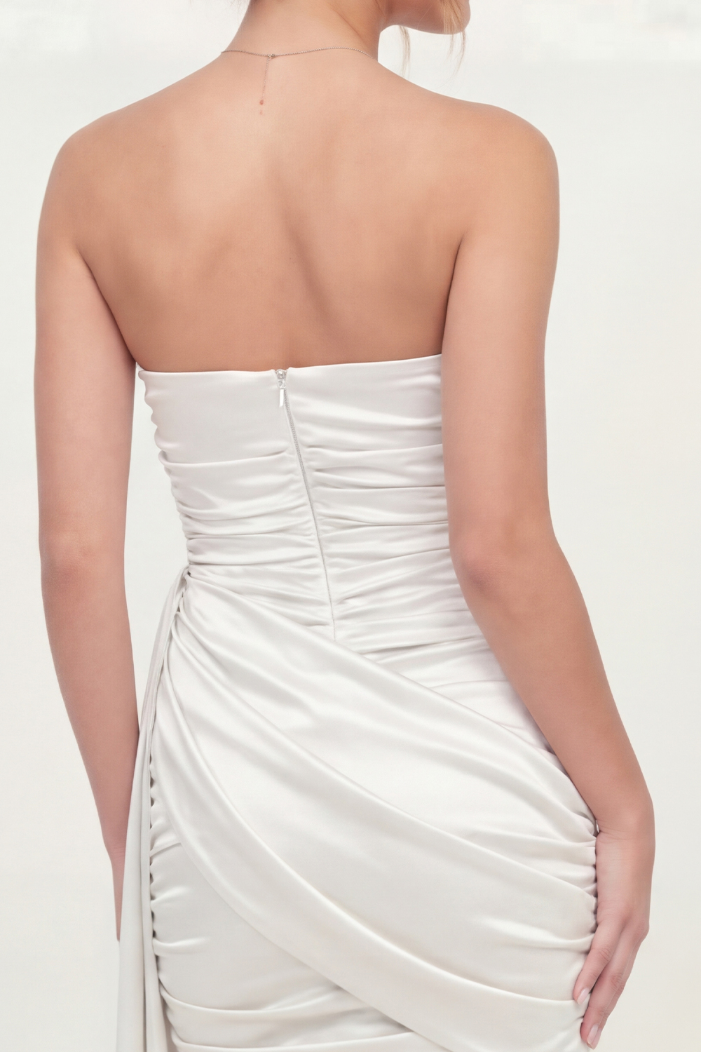 White Ruched Strapless Bodycon Short Satin Bridal Shower Dress with Sash