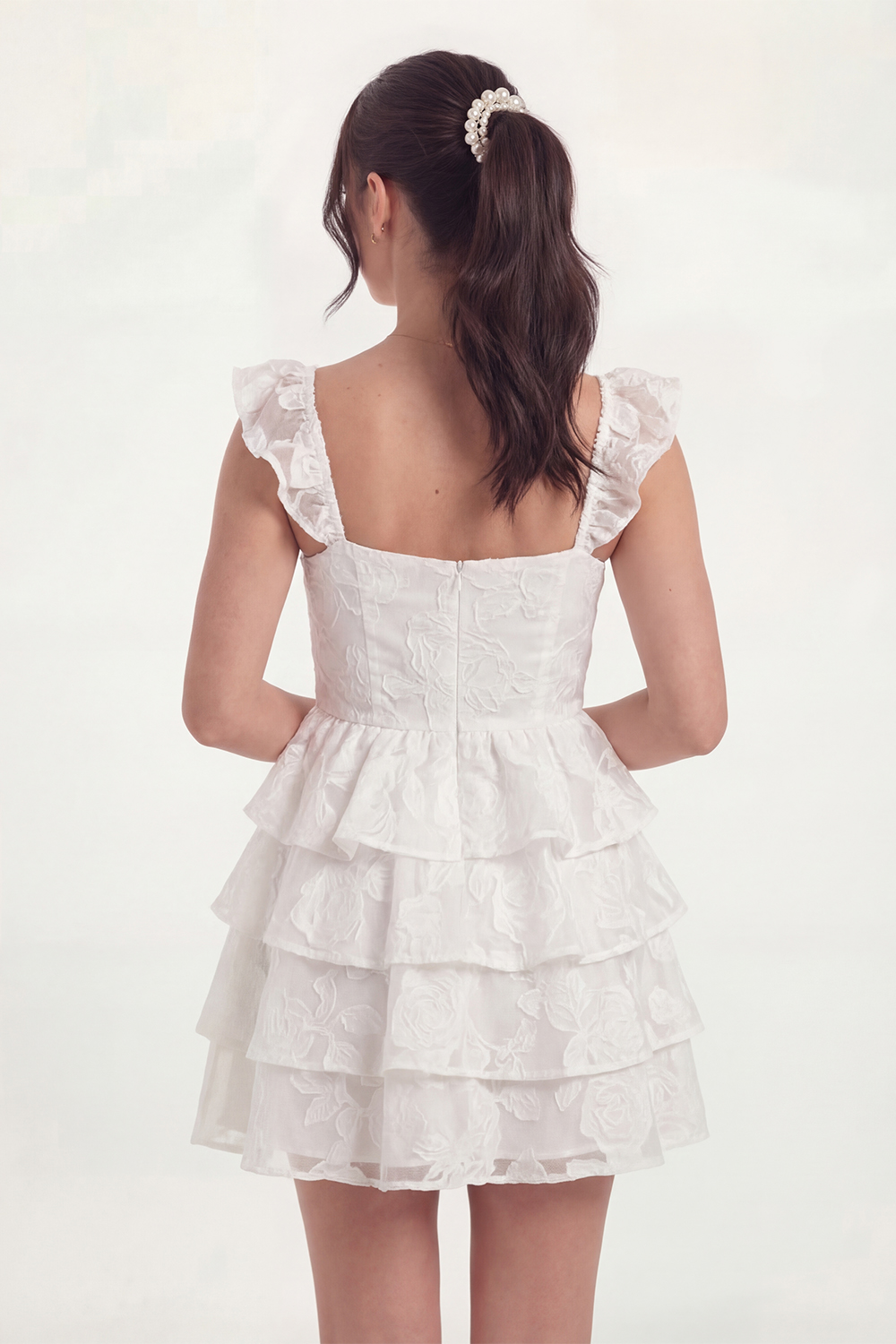 White Ruffled A Line Jacquare Floral Short Bridal Shower Dress