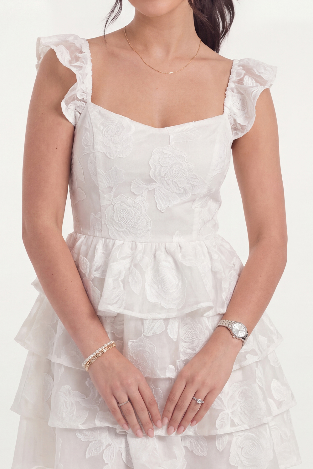 White Ruffled A Line Jacquare Floral Short Bridal Shower Dress