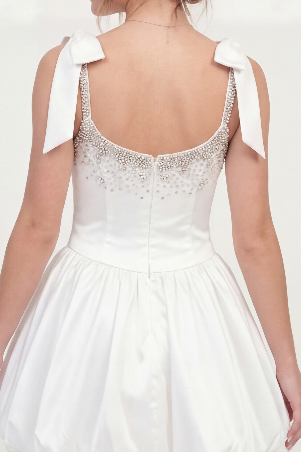 Sparkly White Beaded A Line Satin Short Corset Bridal Shower Dress with Bows