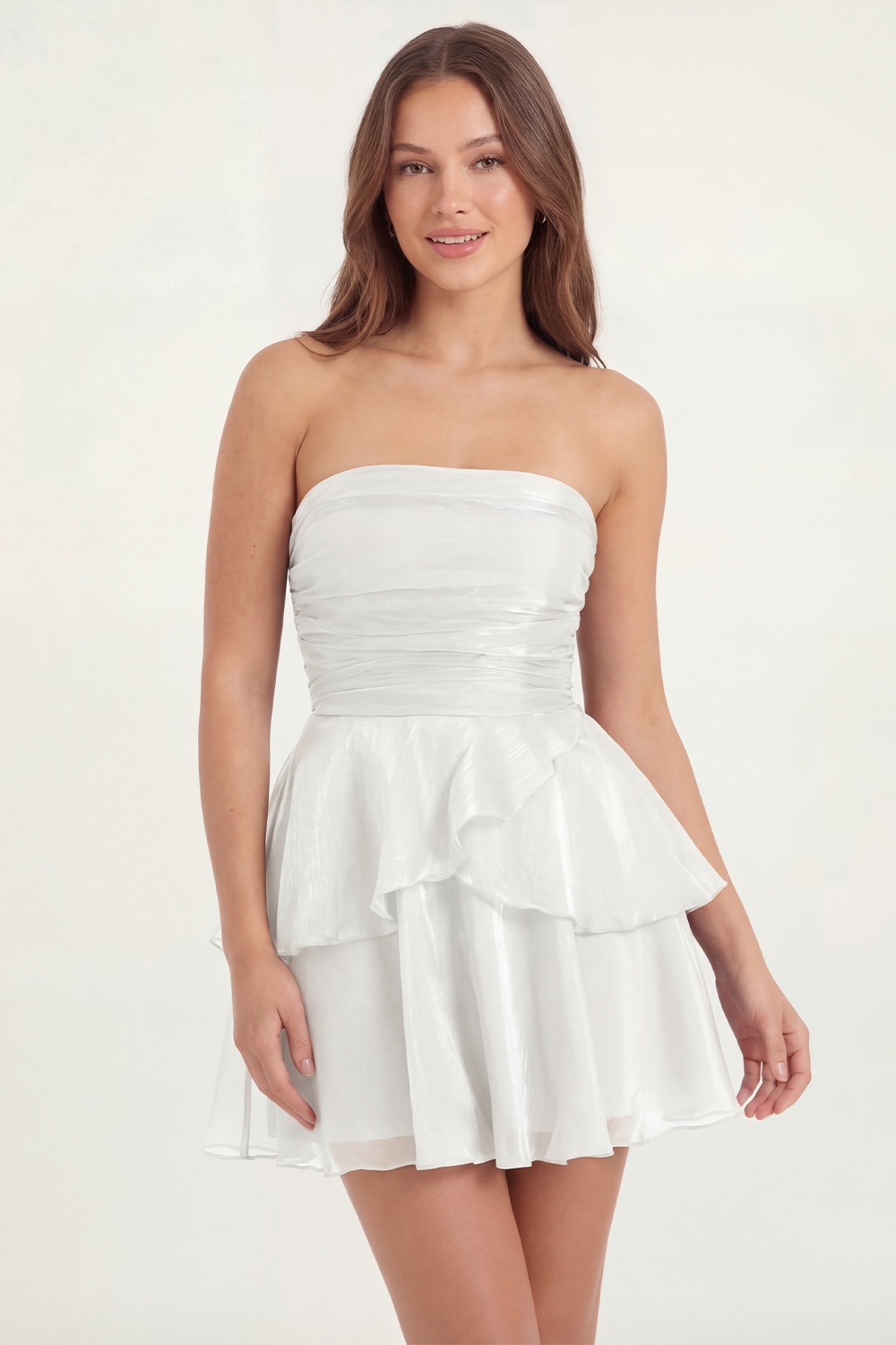 White Ruffled Strapless Ruched Short Bachelorette Dress
