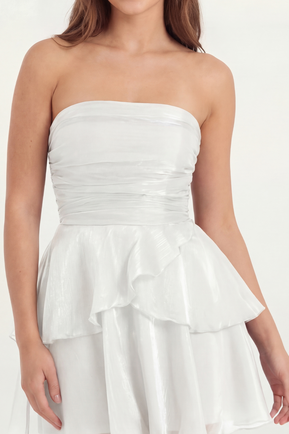 White Ruffled Strapless Ruched Short Bachelorette Dress
