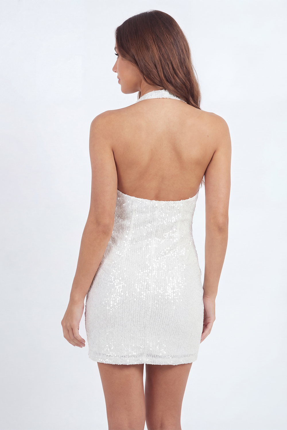 Sparkly White Sequin Halter Short Bodycon Bachelorette Dress