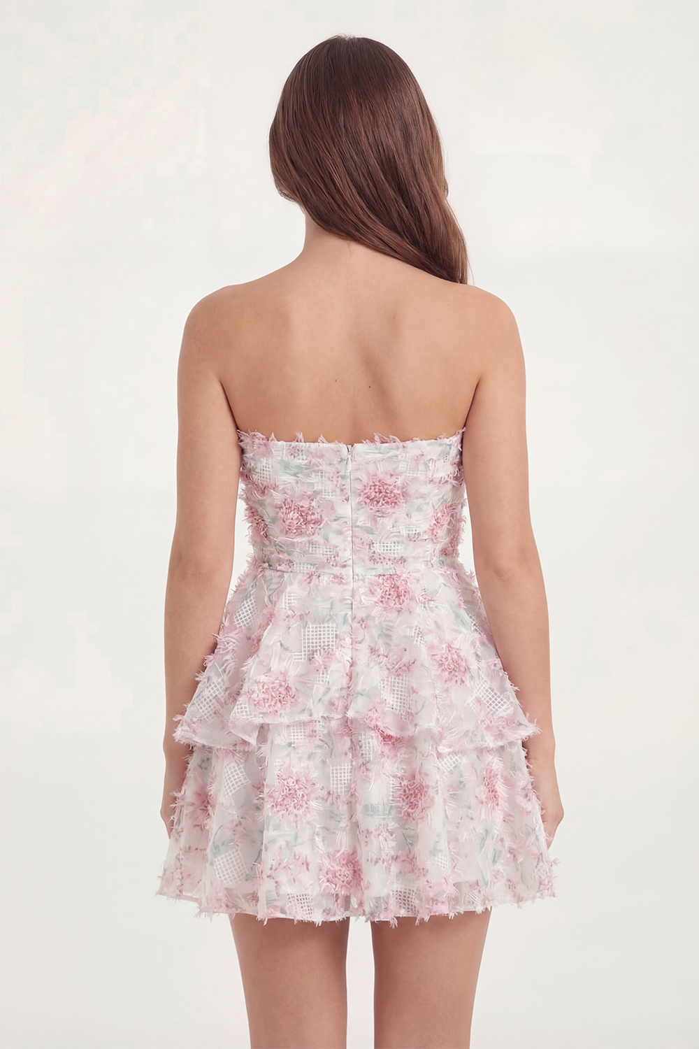 White Pink Flower A Line Strapless Short Bachelorette Dress with Ruffles