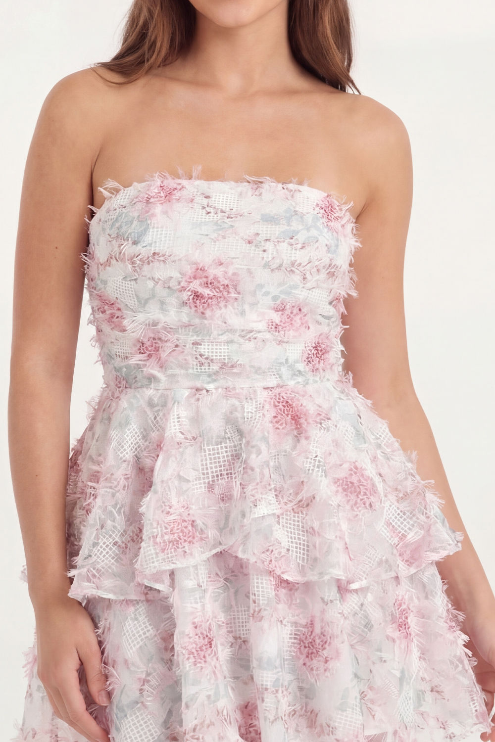 White Pink Flower A Line Strapless Short Bachelorette Dress with Ruffles