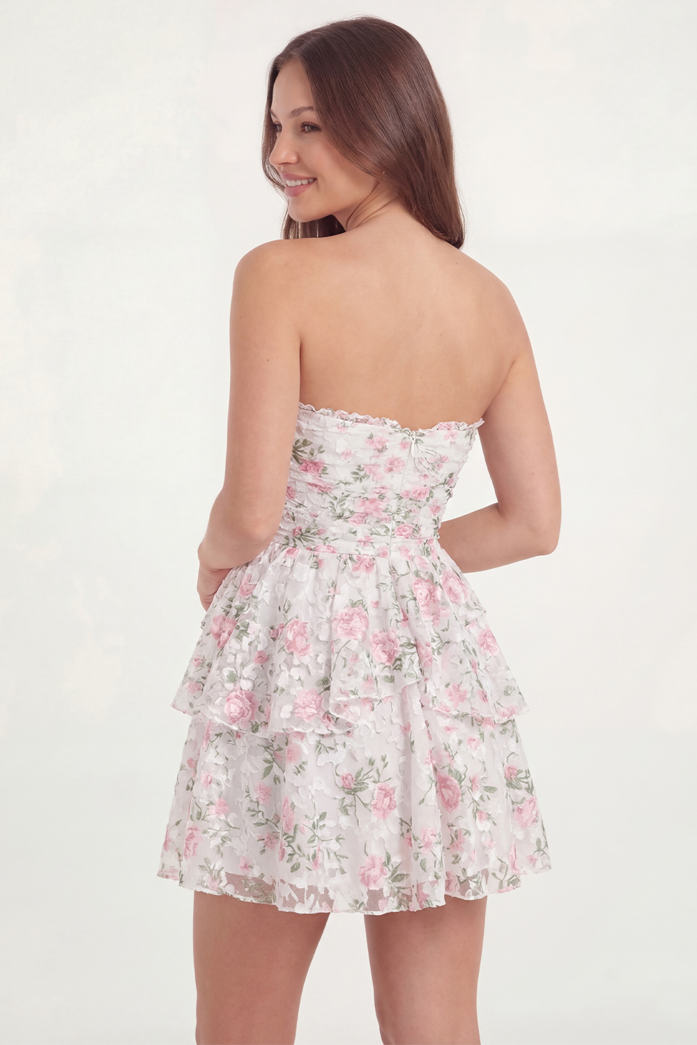 White Pink Flower Short Ruffled A Line Bachelorette Dress