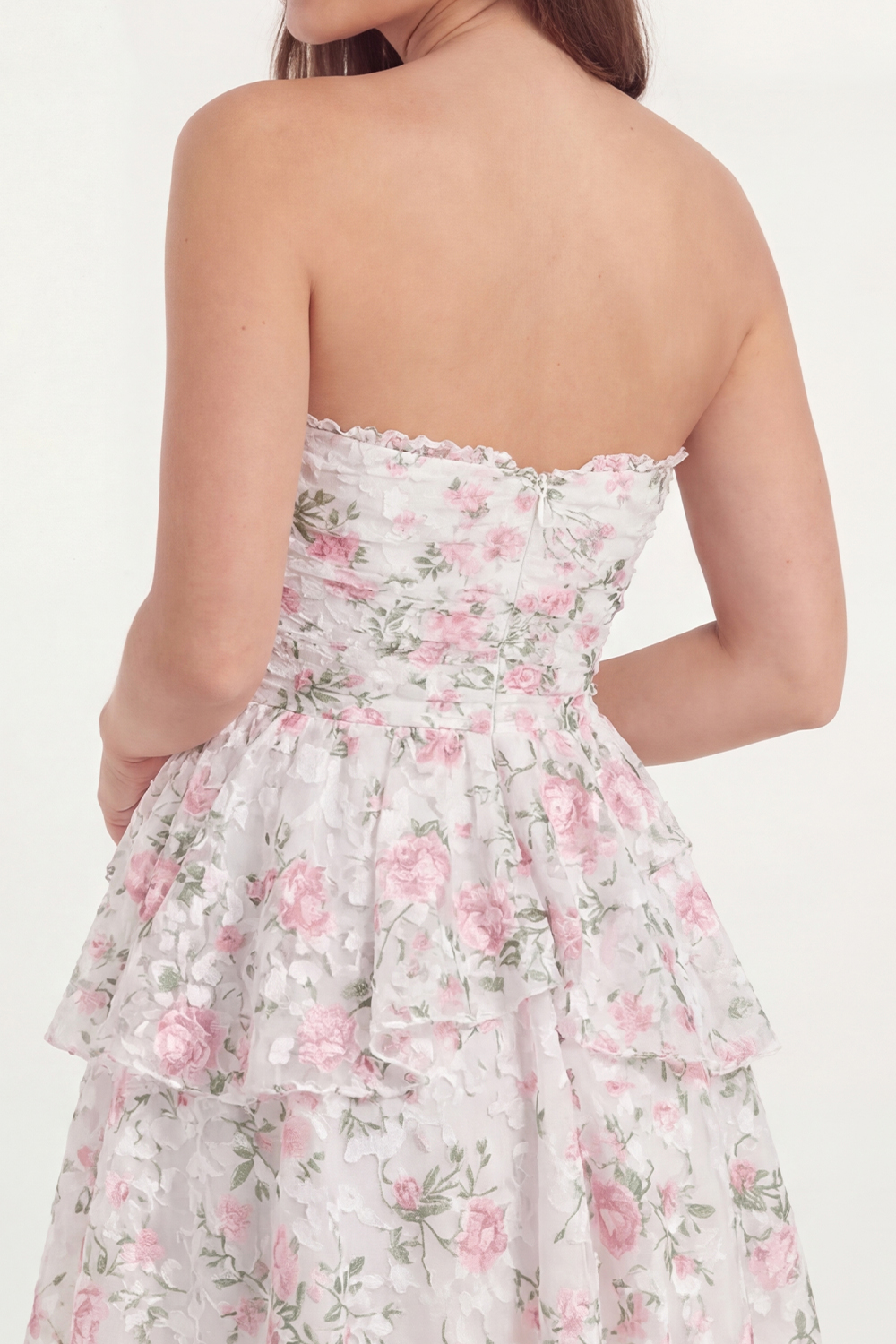 White Pink Flower Short Ruffled A Line Bachelorette Dress