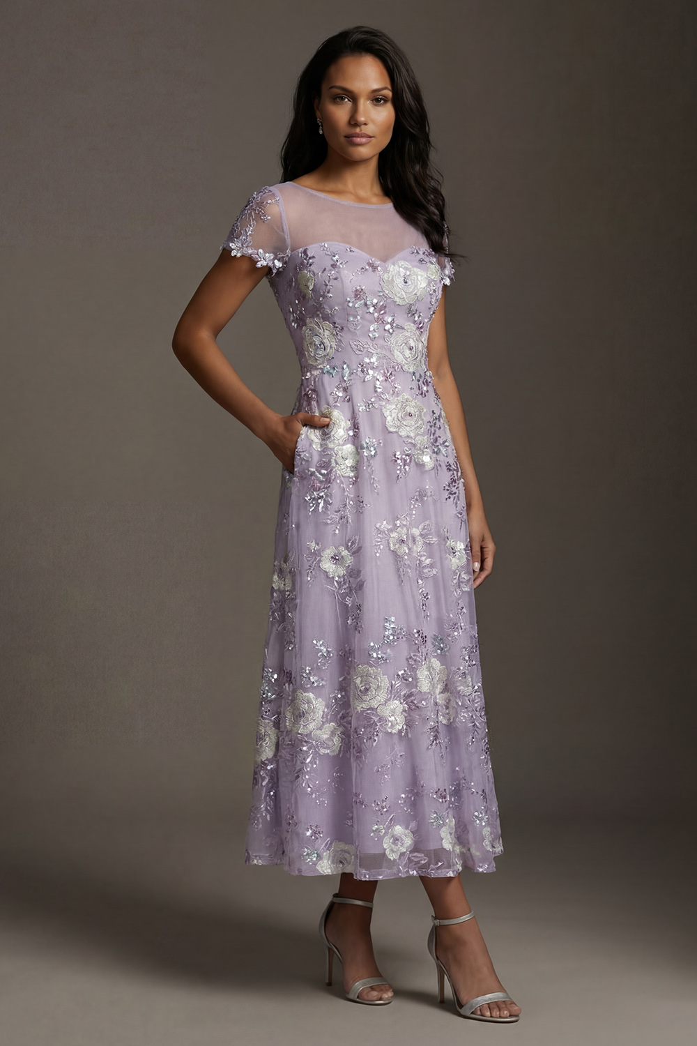 Dusty Purple Floral Illusion Boat Neck A Line Tea Length Mother of the Bride or Groom Dress with Sleeves