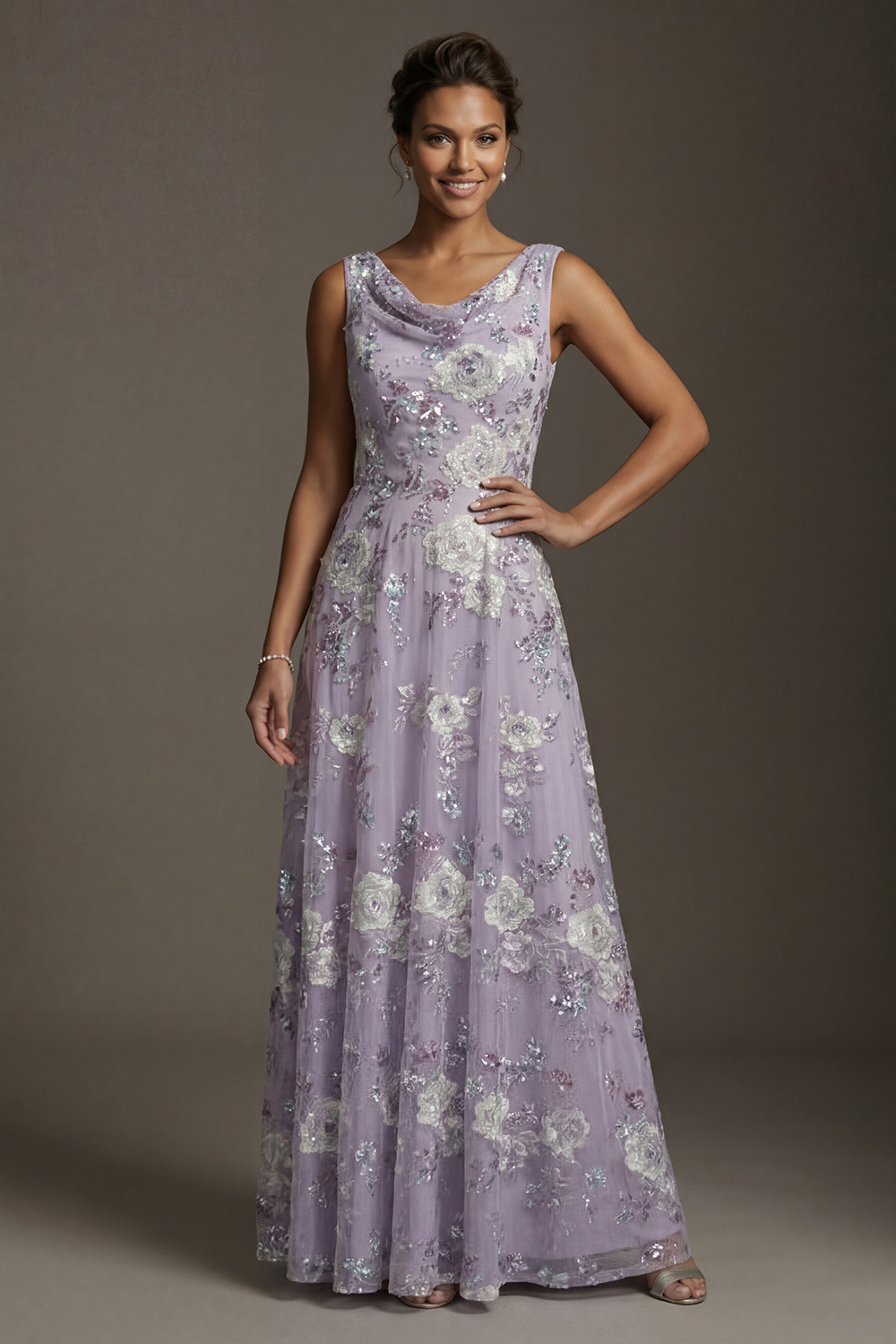 Cowl Neck A Line Dusty Purple Floral Backless Floor Length Mother of the Bride or Groom Dress