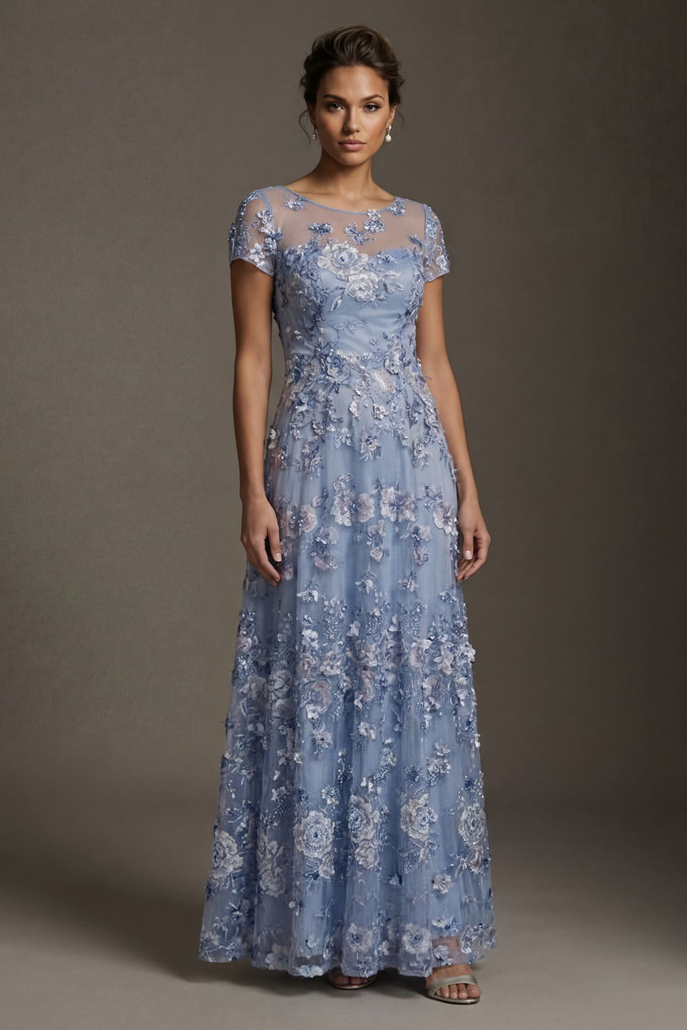 Dusty Rose Floral Boat Neck A Line Floor Length Mother of the Bride or Groom Dress with Sleeves