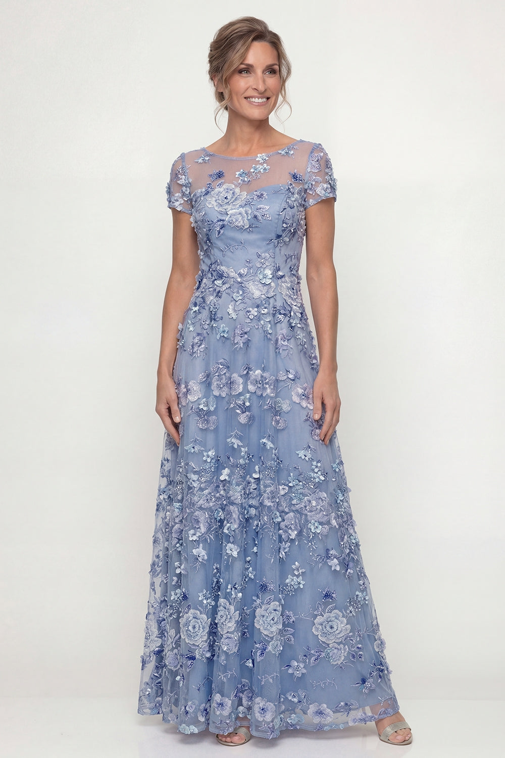 Dusty Rose Floral Boat Neck A Line Floor Length Mother of the Bride or Groom Dress with Sleeves