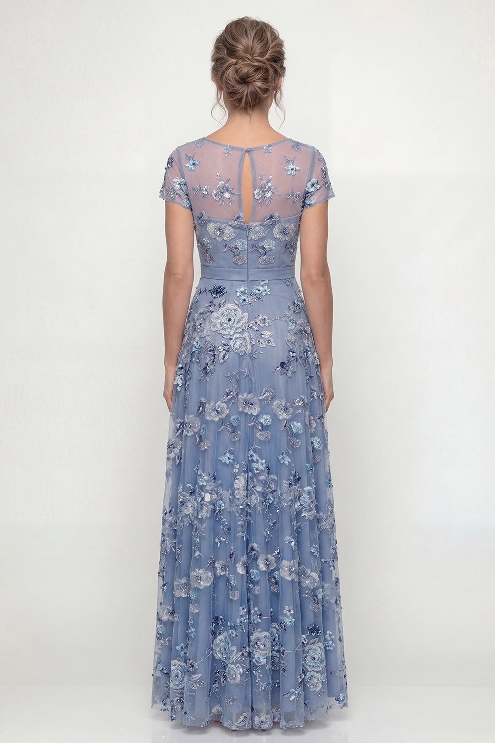 Dusty Rose Floral Boat Neck A Line Floor Length Mother of the Bride or Groom Dress with Sleeves