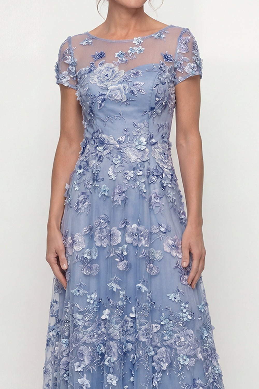 Dusty Rose Floral Boat Neck A Line Floor Length Mother of the Bride or Groom Dress with Sleeves
