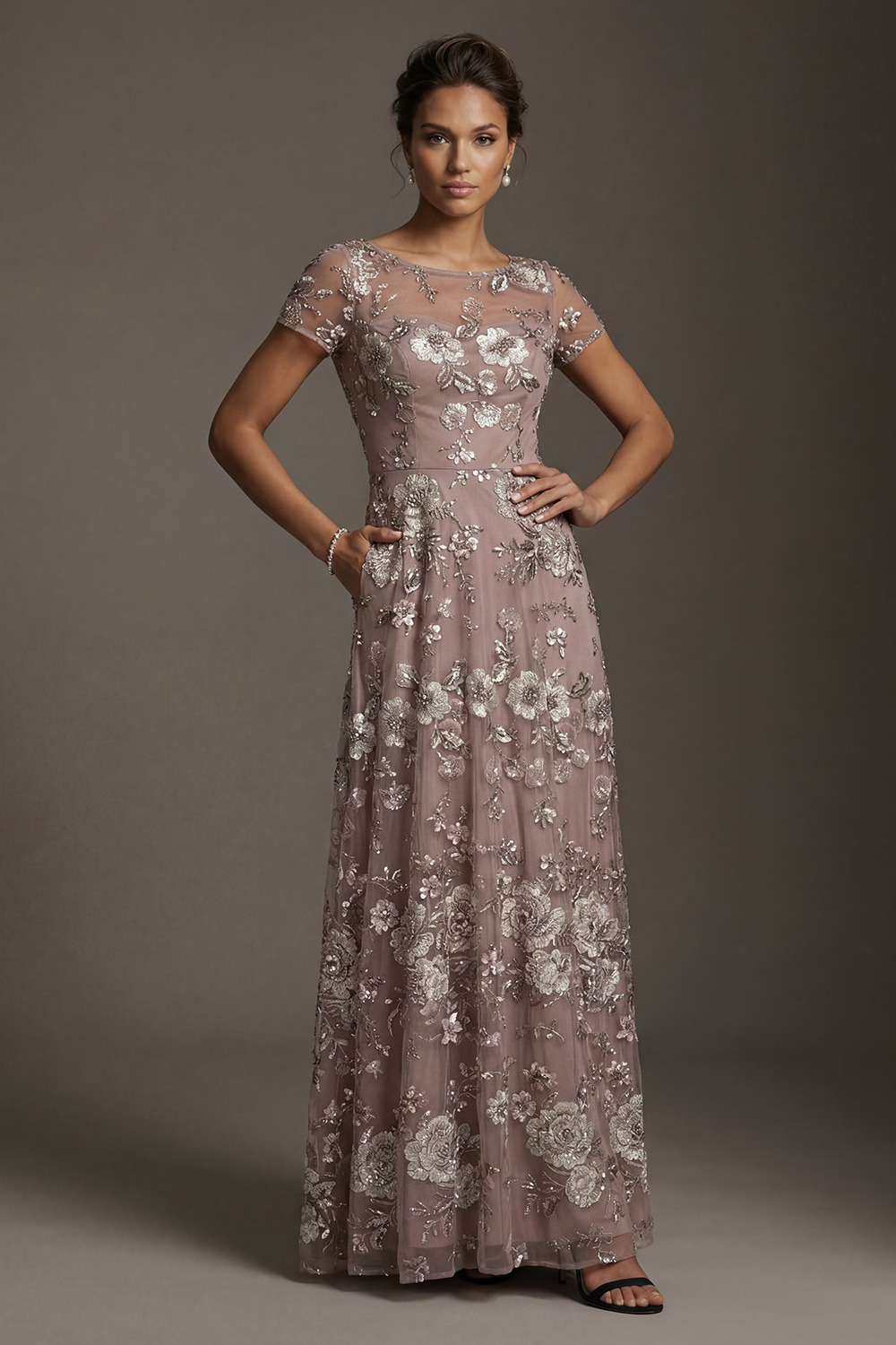 Dusty Rose Floral Boat Neck A Line Floor Length Mother of the Bride or Groom Dress with Sleeves