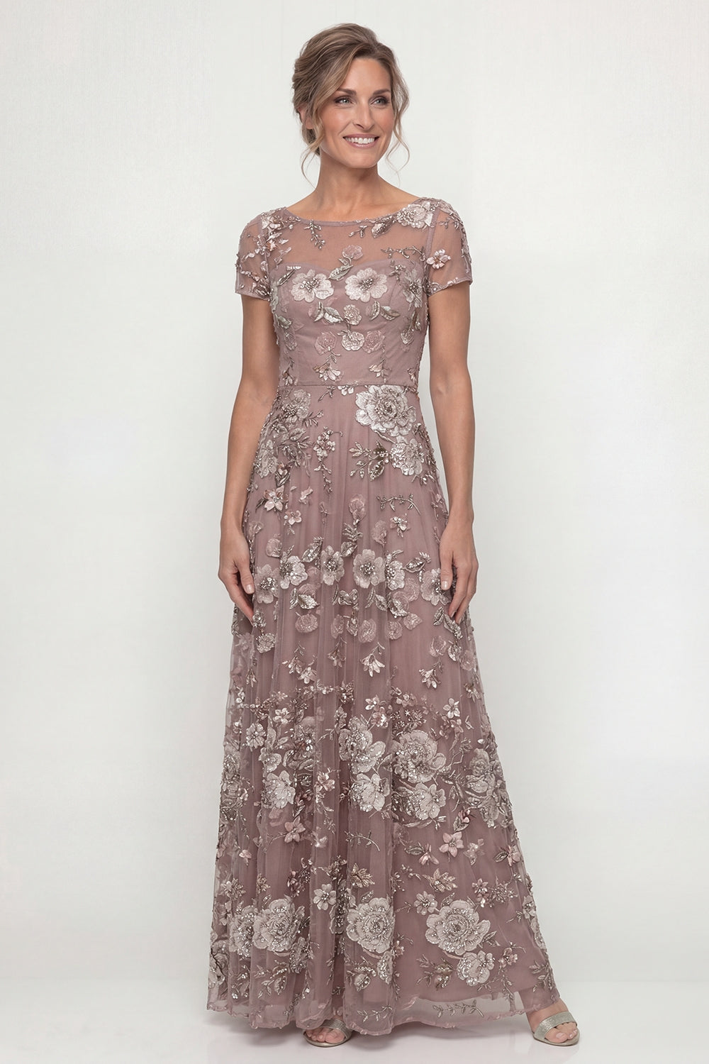 Dusty Rose Floral Boat Neck A Line Floor Length Mother of the Bride or Groom Dress with Sleeves