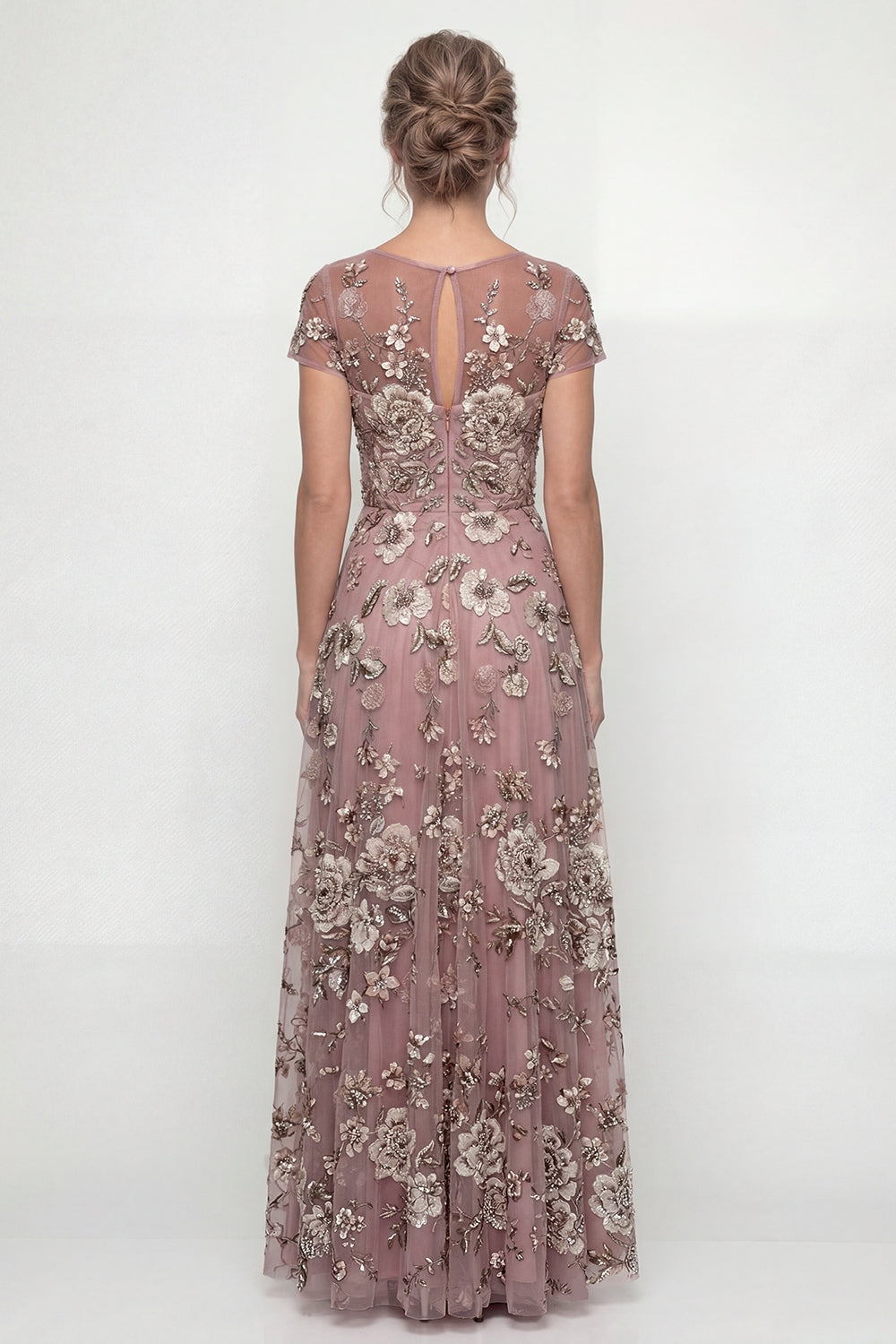 Dusty Rose Floral Boat Neck A Line Floor Length Mother of the Bride or Groom Dress with Sleeves