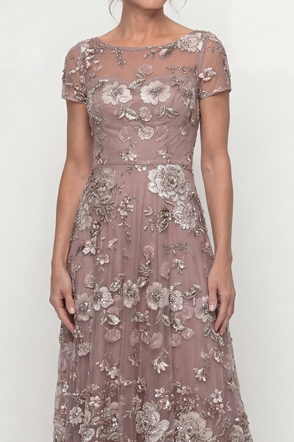 Dusty Rose Floral Boat Neck A Line Floor Length Mother of the Bride or Groom Dress with Sleeves