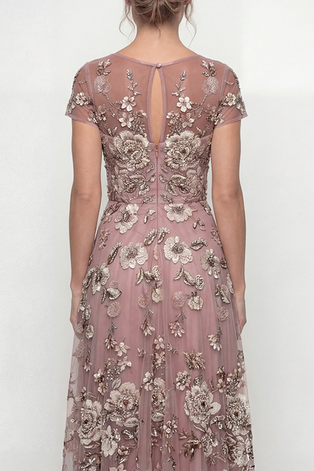 Dusty Rose Floral Boat Neck A Line Floor Length Mother of the Bride or Groom Dress with Sleeves