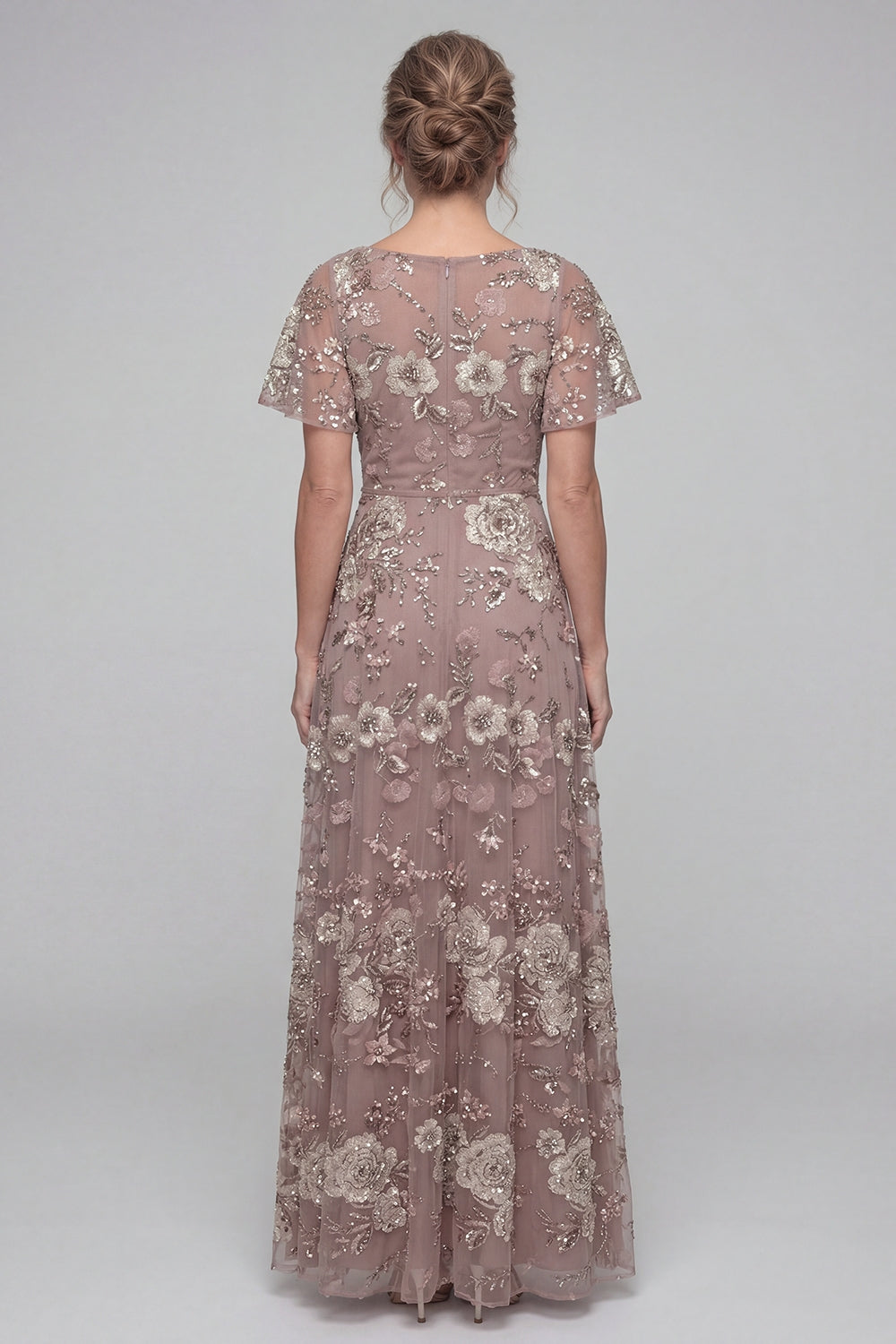 V-Neck A Line Dusty Rose Floral Floor Length Mother of the Bride or Groom Dress with Sleeves