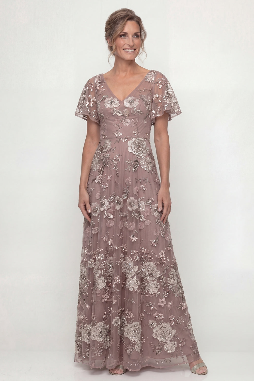 V-Neck A Line Dusty Rose Floral Floor Length Mother of the Bride or Groom Dress with Sleeves
