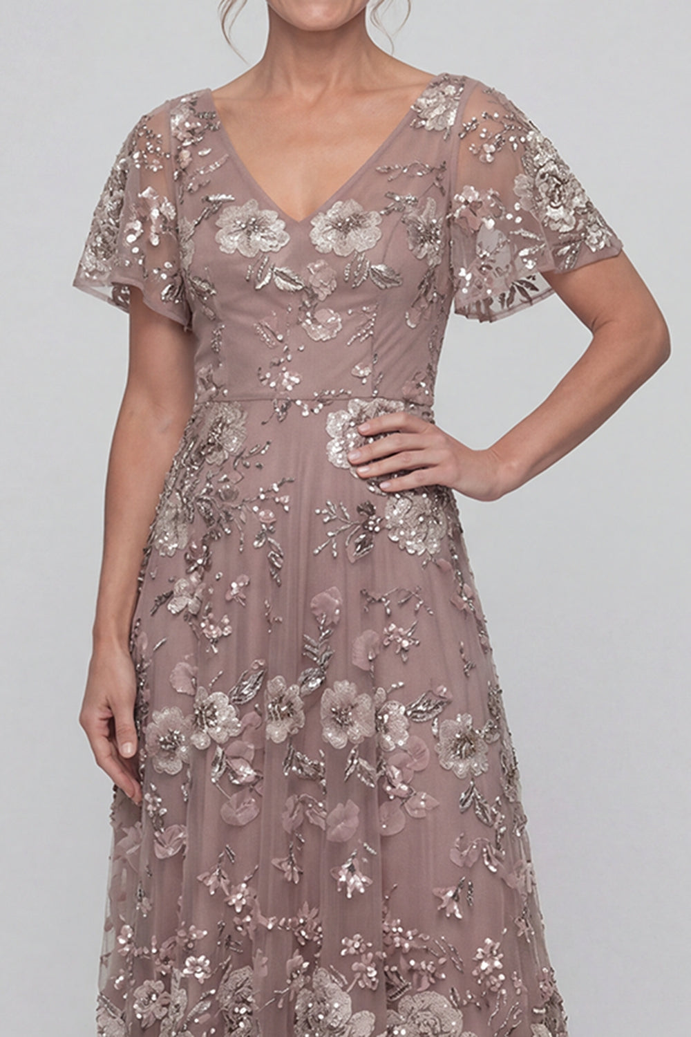 V-Neck A Line Dusty Rose Floral Floor Length Mother of the Bride or Groom Dress with Sleeves