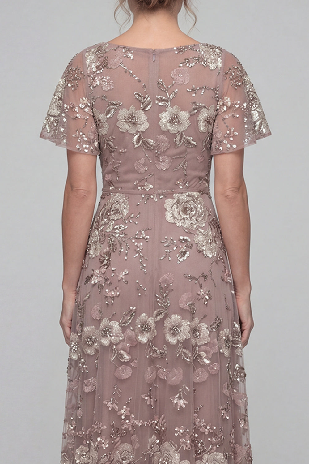 V-Neck A Line Dusty Rose Floral Floor Length Mother of the Bride or Groom Dress with Sleeves