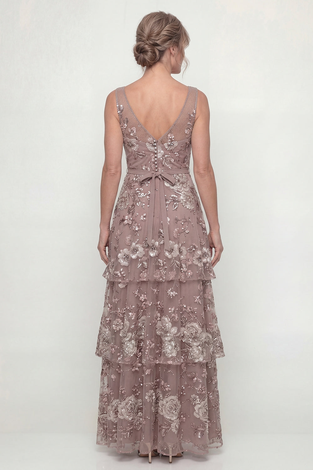 Dusty Rose Floor Length A Line Floral Mother of the Bride or Groom Dress with Ruffles