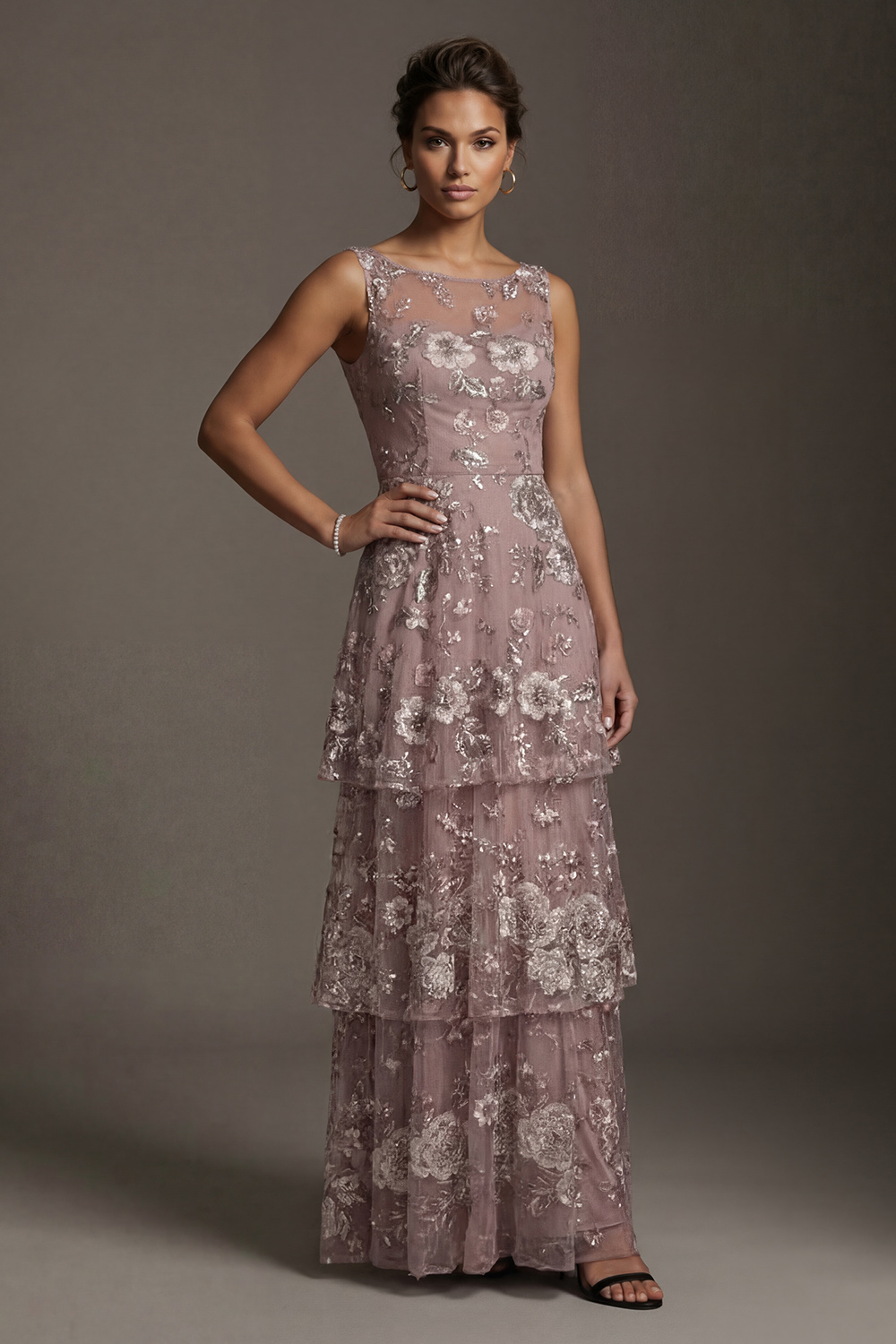 Dusty Rose Floor Length A Line Floral Mother of the Bride or Groom Dress with Ruffles