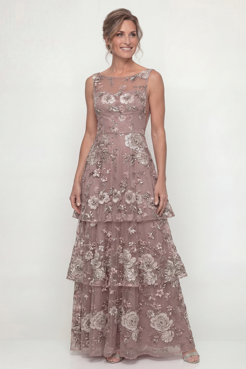 Dusty Rose Floor Length A Line Floral Mother of the Bride or Groom Dress with Ruffles