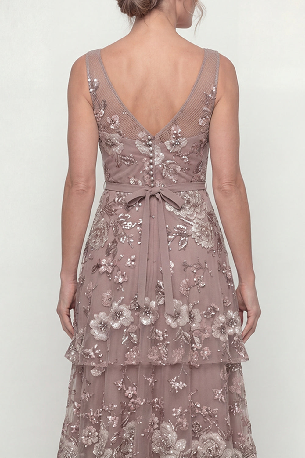 Dusty Rose Floor Length A Line Floral Mother of the Bride or Groom Dress with Ruffles