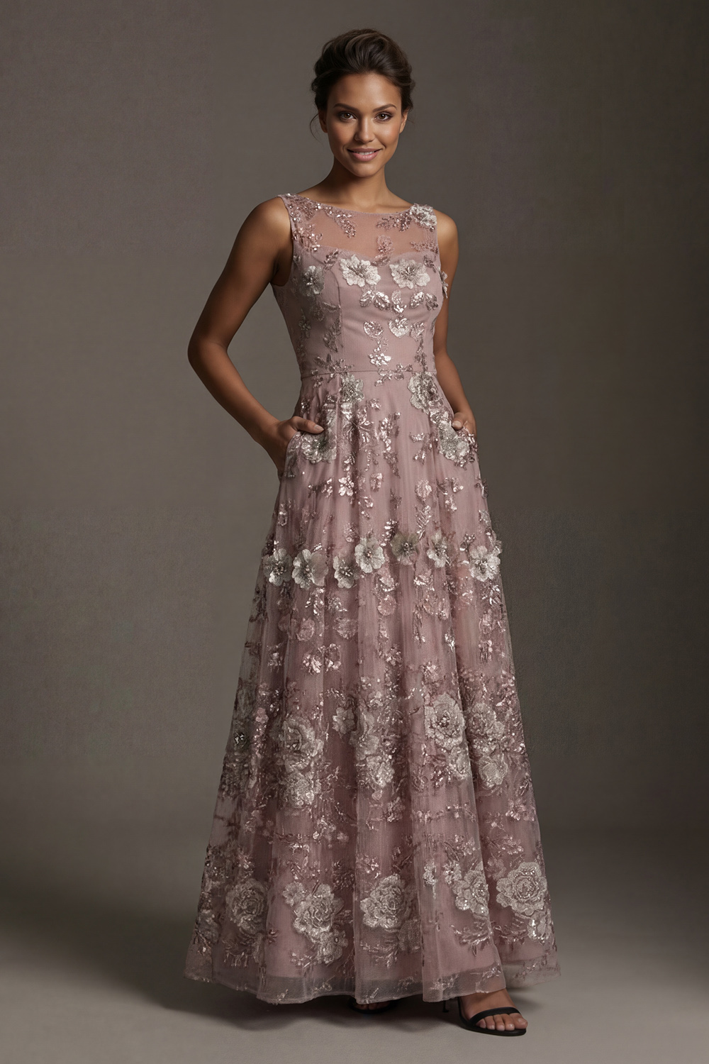 Dusty Rose Floral A Line Backless Floor Length Mother of the Bride or Groom Dress with Beading