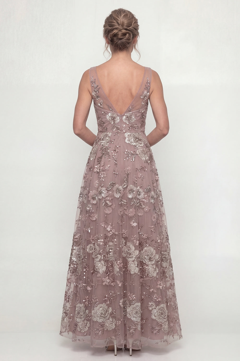 Dusty Rose Floral A Line Backless Floor Length Mother of the Bride or Groom Dress with Beading