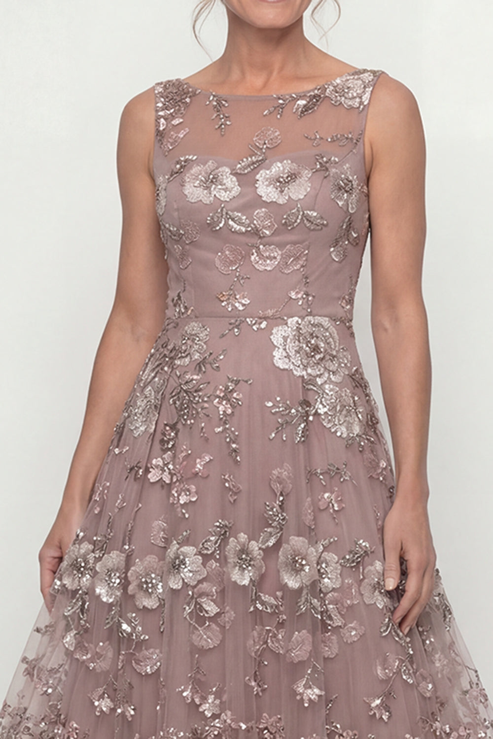 Dusty Rose Floral A Line Backless Floor Length Mother of the Bride or Groom Dress with Beading