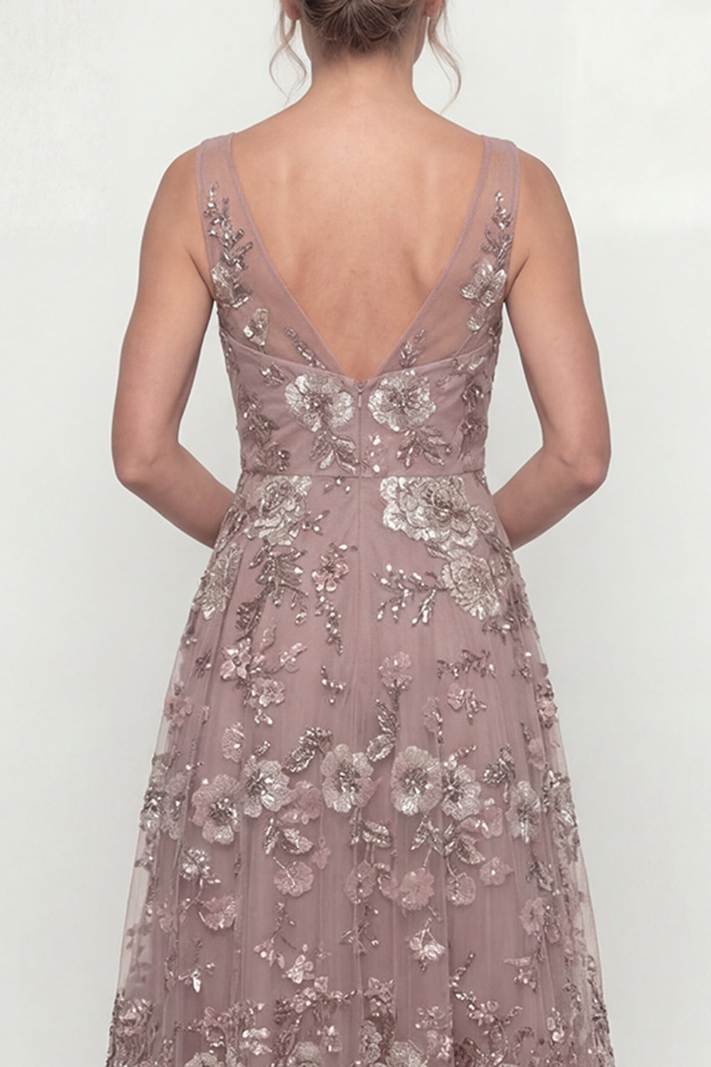 Dusty Rose Floral A Line Backless Floor Length Mother of the Bride or Groom Dress with Beading