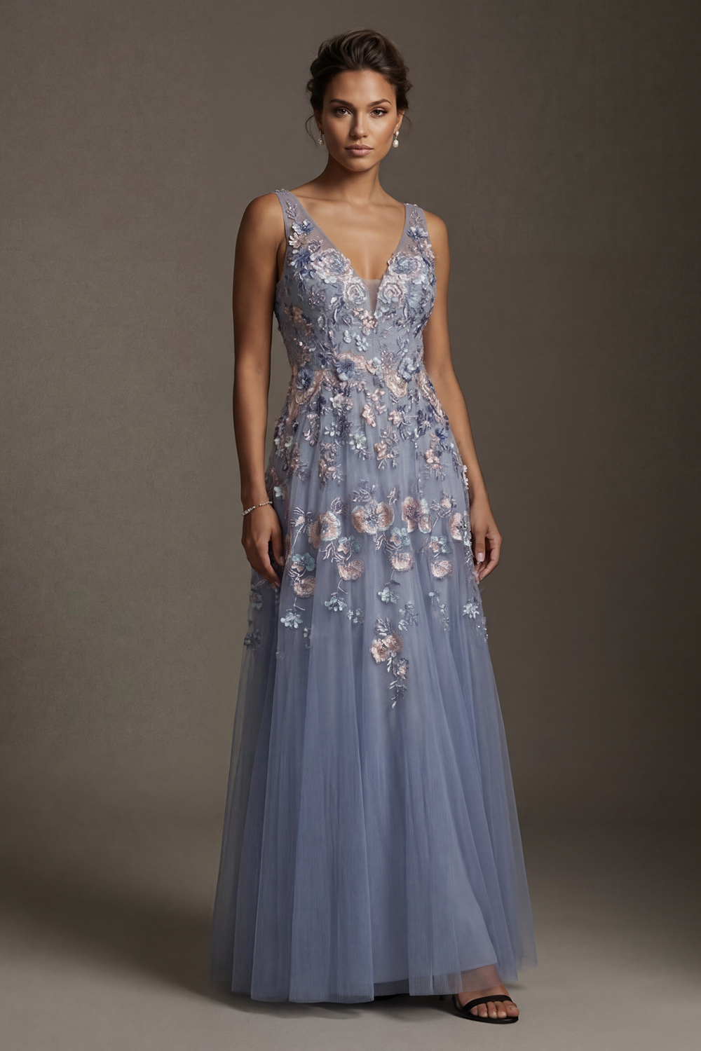A Line V-Neck Backless Dusty Blue Floral Floor Length Mother of the Bride or Groom Dress