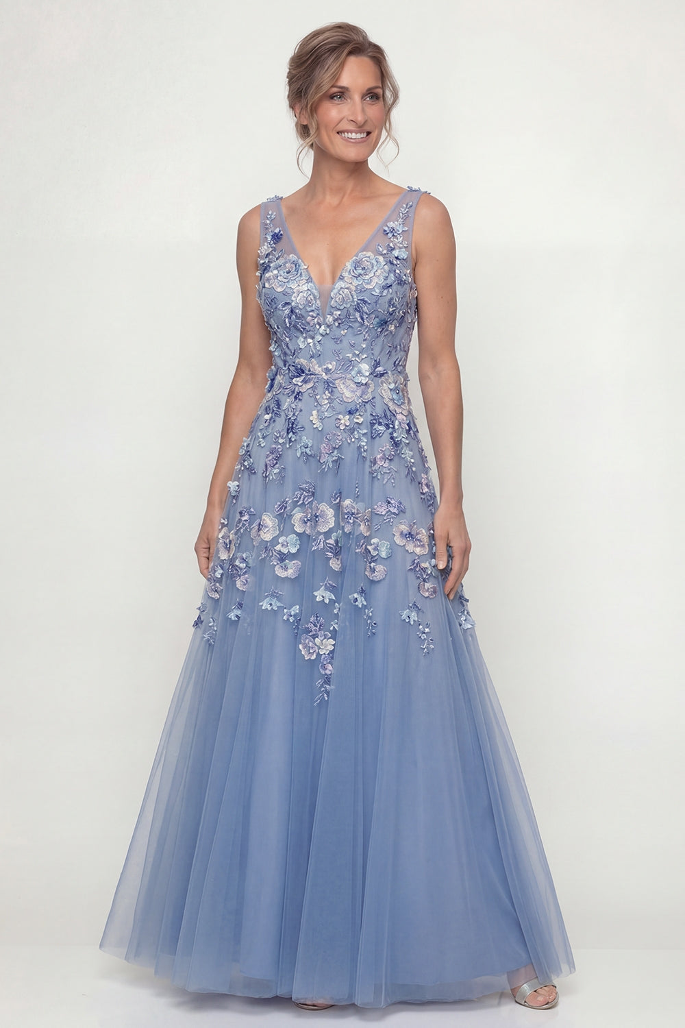 A Line V-Neck Backless Dusty Blue Floral Floor Length Mother of the Bride or Groom Dress