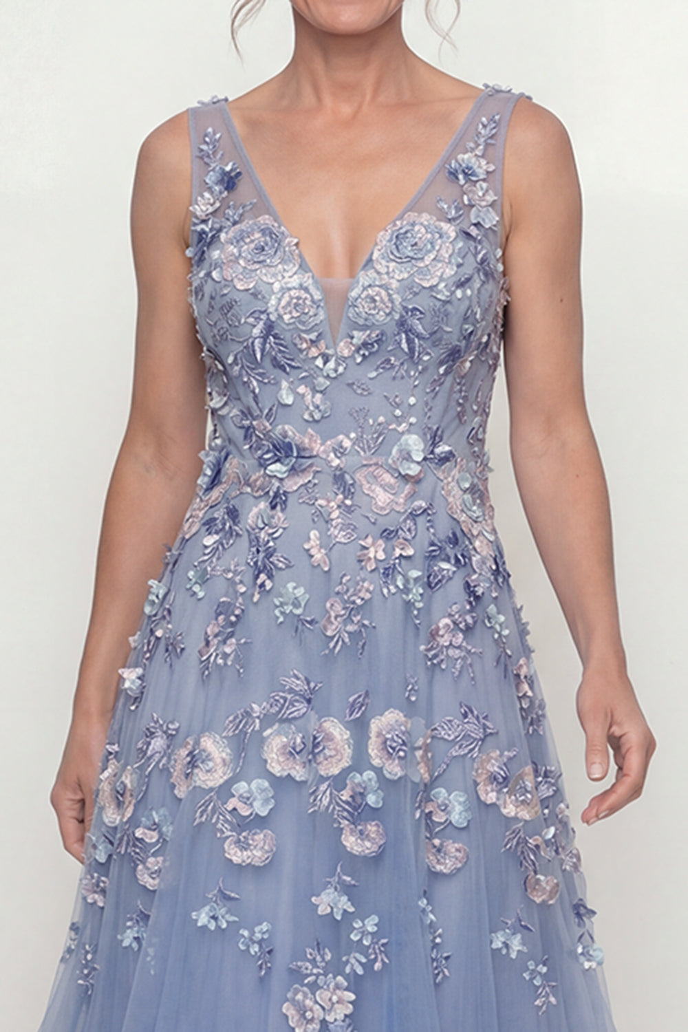 A Line V-Neck Backless Dusty Blue Floral Floor Length Mother of the Bride or Groom Dress