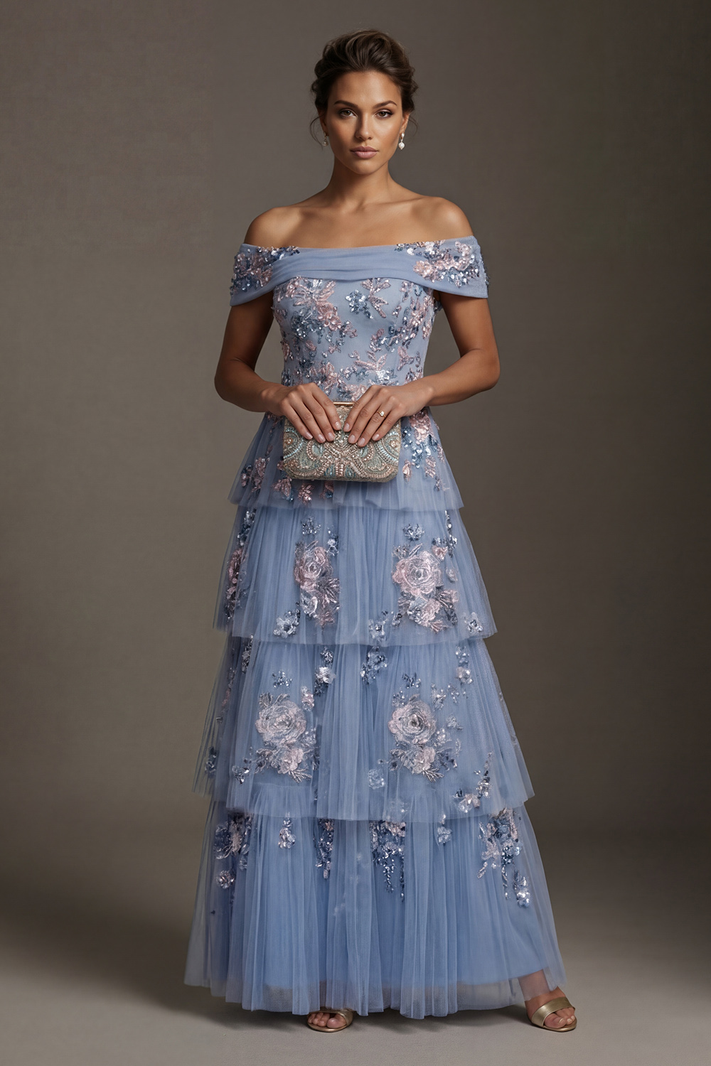 Beaded Ruffled A Line Dusty Blue Floral Floor Length Mother of the Bride or Groom Dress