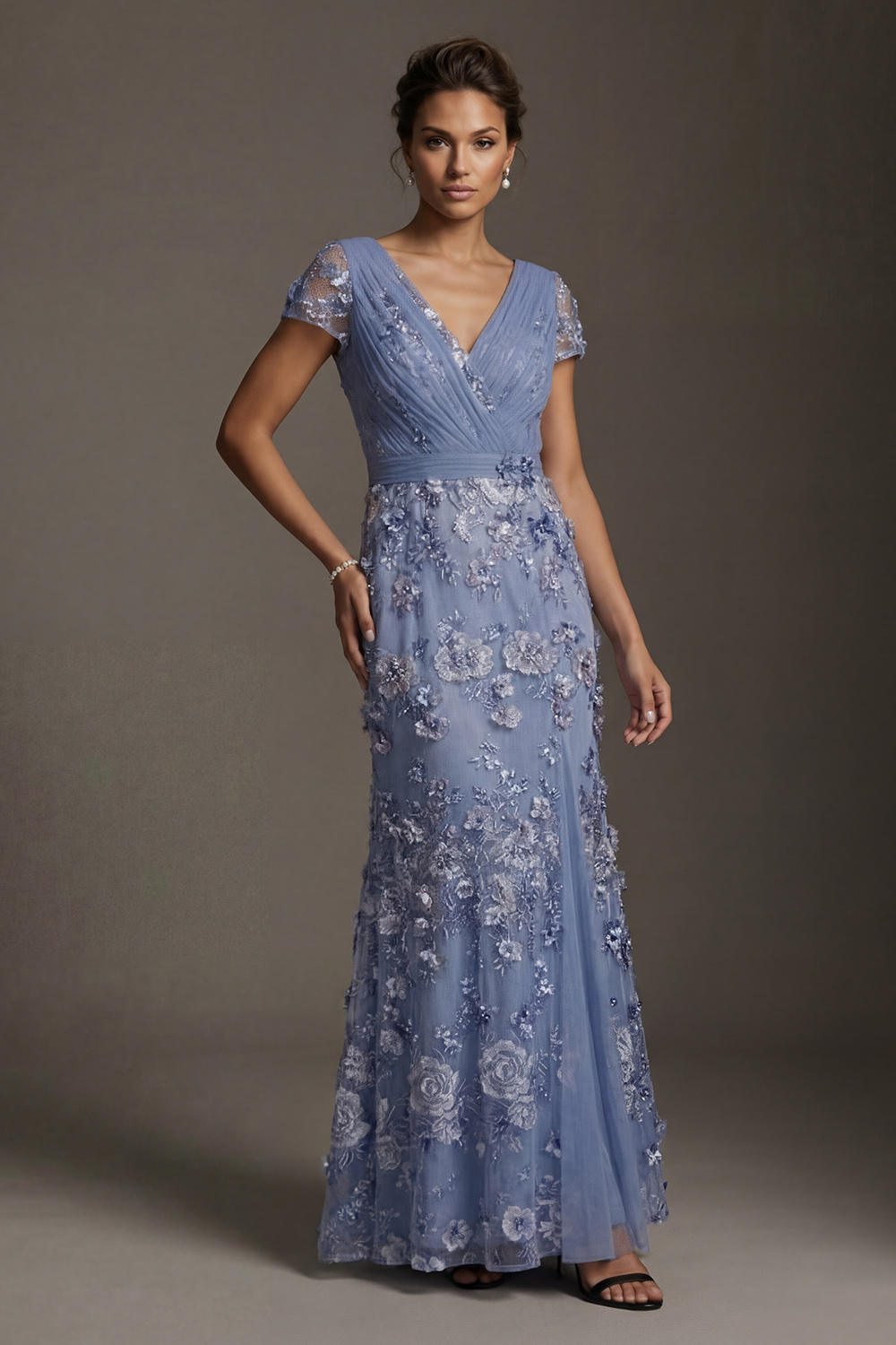 Ruched A Line Dusty Blue Floral Floor Length Mother of the Bride or Groom Dress with Sleeves