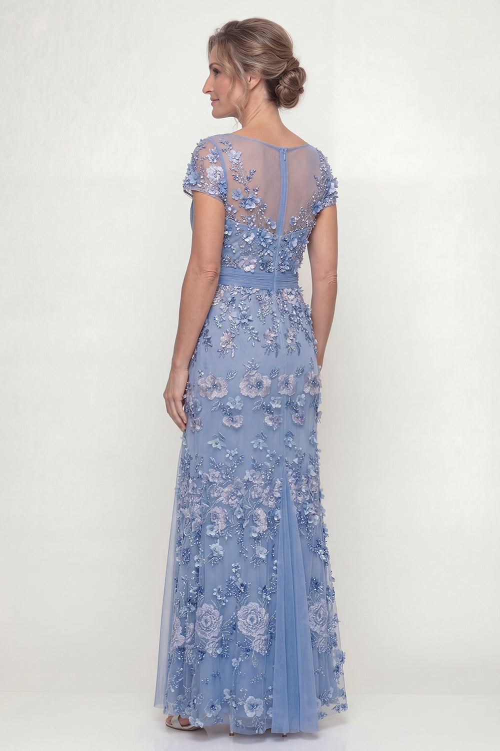 Ruched A Line Dusty Blue Floral Floor Length Mother of the Bride or Groom Dress with Sleeves