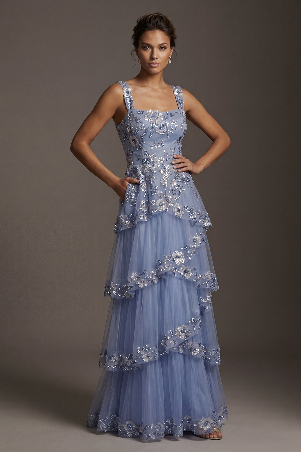 Dusty Blue Floral Beaded Ruffled Square Neck Floor Length Mother of the Bride or Groom Dress