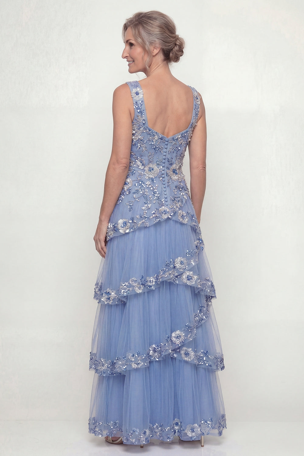Dusty Blue Floral Beaded Ruffled Square Neck Floor Length Mother of the Bride or Groom Dress