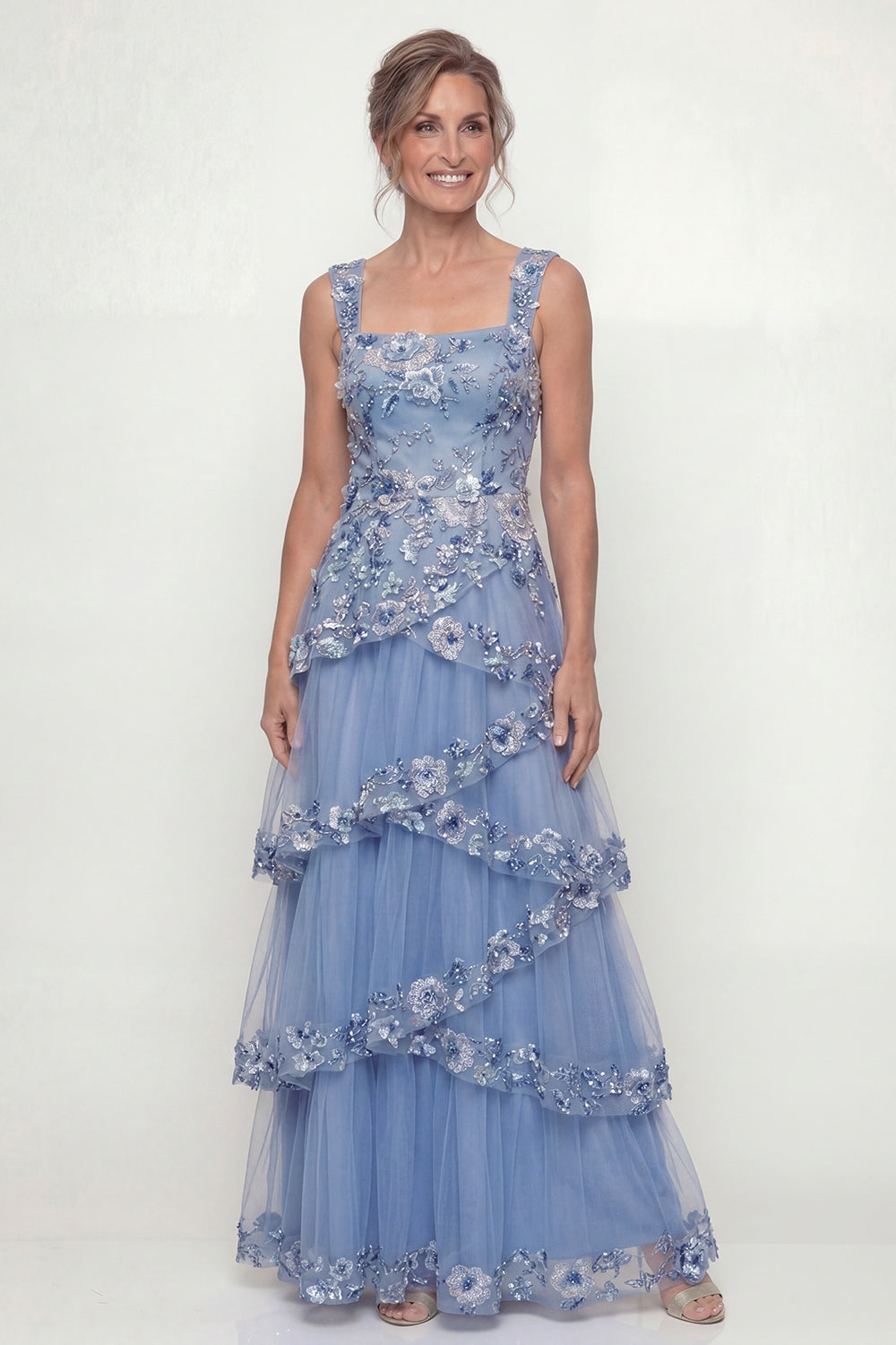 Dusty Blue Floral Beaded Ruffled Square Neck Floor Length Mother of the Bride or Groom Dress