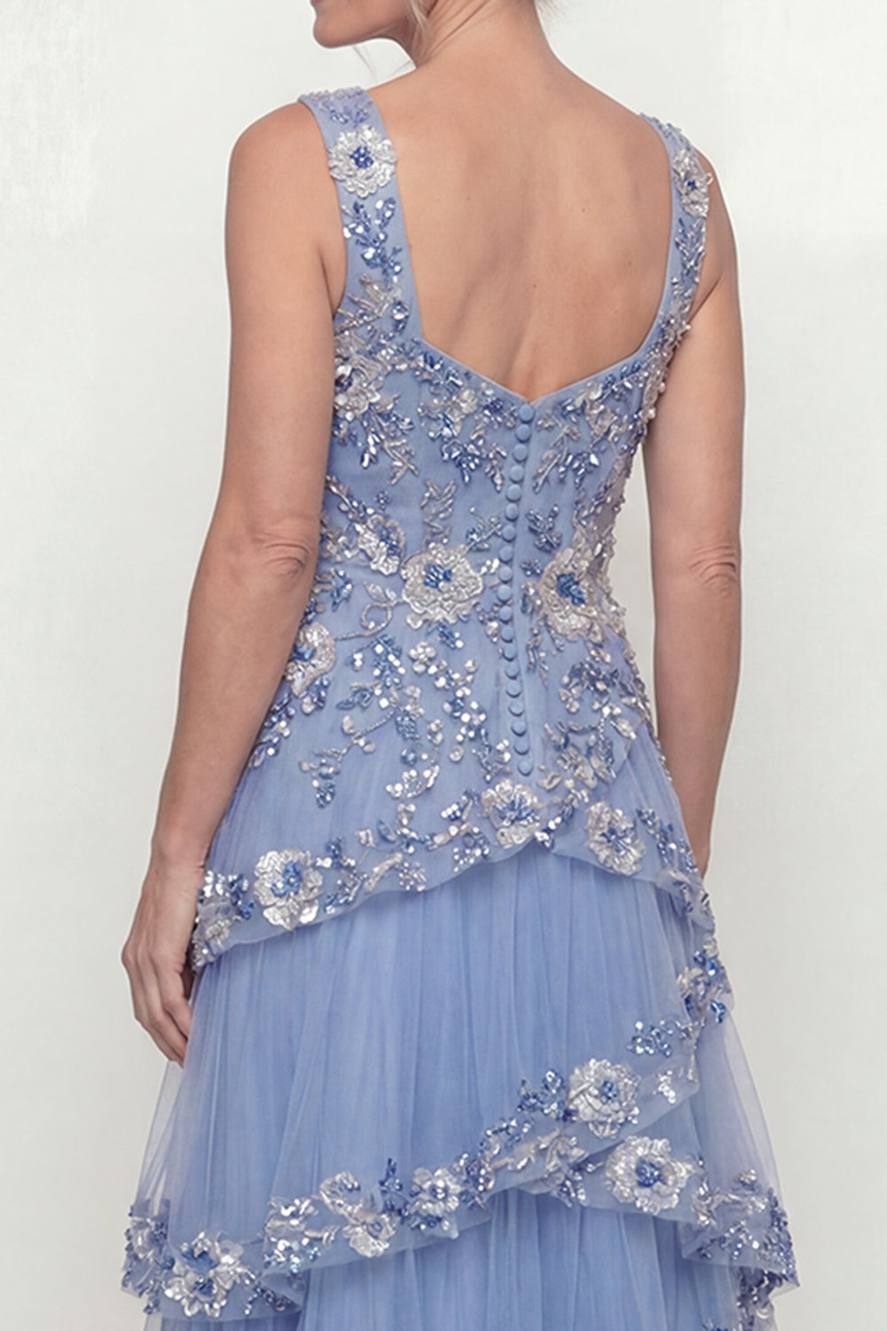 Dusty Blue Floral Beaded Ruffled Square Neck Floor Length Mother of the Bride or Groom Dress