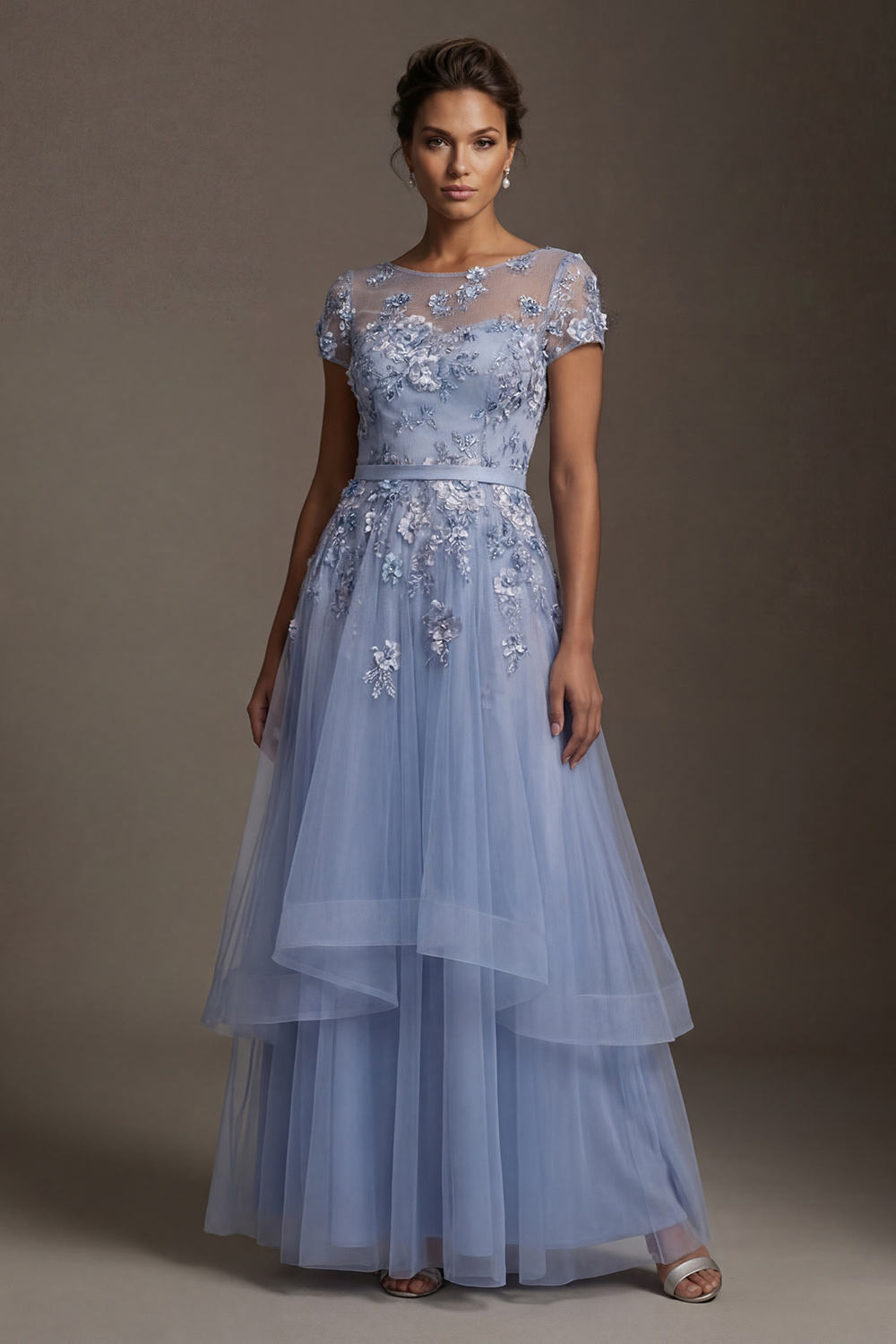 Boat Neck A Line Dusty Blue Floral Ruffled Floor Length Mother of the Bride or Groom Dress with Sleeves